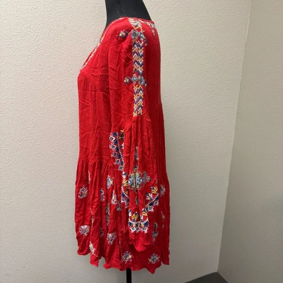 Free People Red Embroidered Boho Tunic Top Hi Low Festival Chic - Picture 4 of 10
